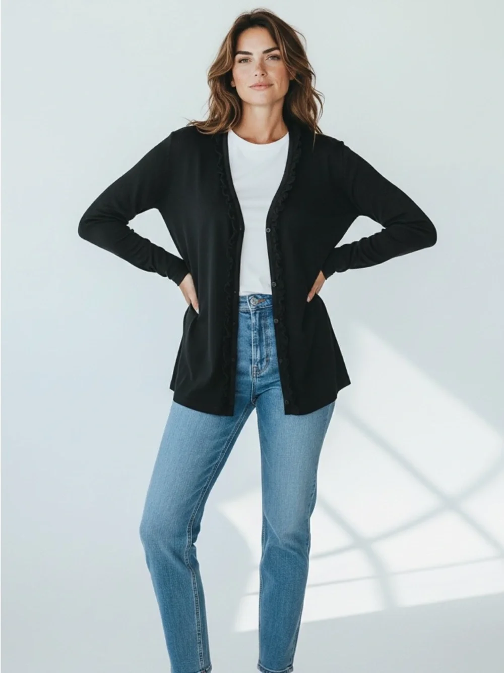 Ann Taylor Black Ruffle Trim Cardigan Sweater Size M Classic Lightweight - Picture 2 of 9